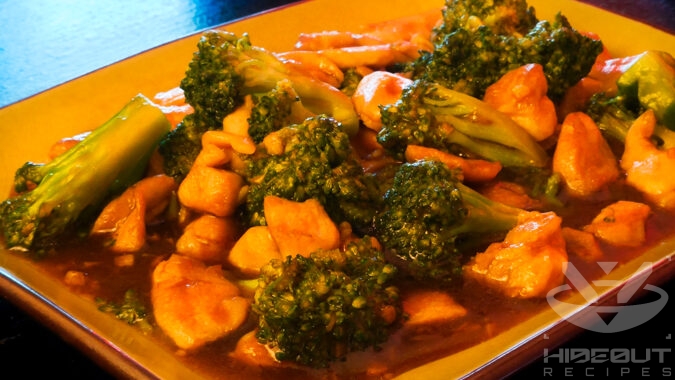 A futuristic Cyberpunk-style food photo showing a close-up of a plate of Chinese takeout-style Broccoli and Chicken stir fry on a plate.