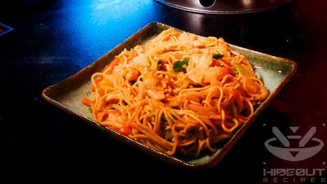 A futuristic Cyberpunk-style food photo showing a plate of Chinese Chow Mein noodles.