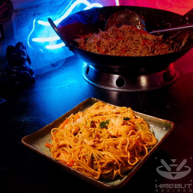 A futuristic Cyberpunk-style food photo showing a plate of Chinese Chow Mein noodles in the foreground and a wok with more in the back.