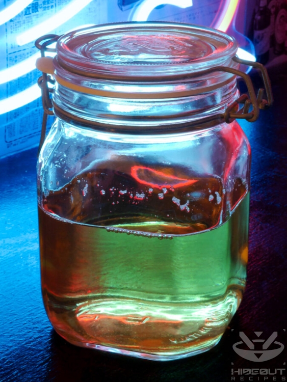 A glass jar of Japanese dashi is standing on the table.