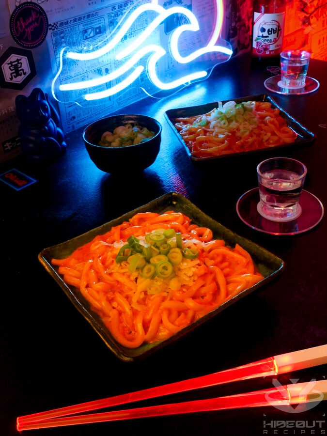 A futuristic Cyberpunk-style food photo showing a plate of Gochujang Udon. Glowing chopsticks, a bowl of scallions, and a glass of soju surround it.