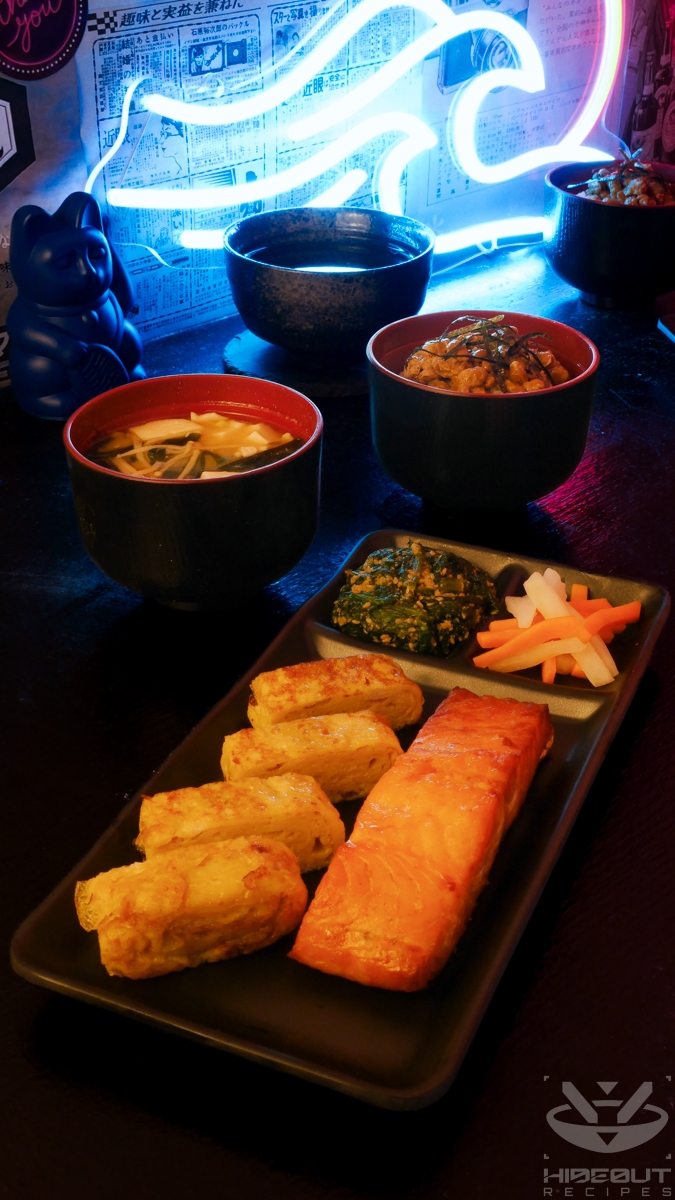 A futuristic Cyberpunk-style food photo showing traditional Japanese breakfast distributed to a plate and bowls, with a cup of tea in the back.