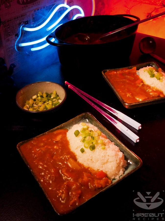 Food photo with a futuristic Cyberpunk style. A plate of Japanese curry and rice, with some scallions and a pot of leftover curry in the background.