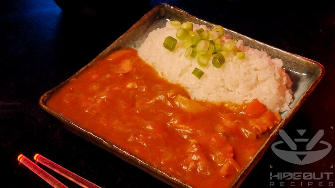Food photo with a futuristic Cyberpunk style. A close-up of a plate of Japanese curry and rice with glowing chopsticks next to it.