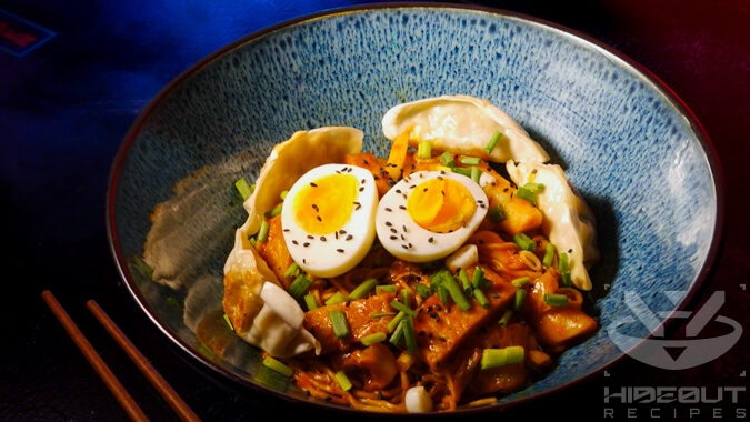 A futuristic Cyberpunk-style food photo. Two bowls of Rabokki (instant ramen in a Korean Tteokbokki sauce) with various toppings.