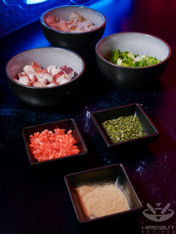 Pre-measured and chopped ingredients for Takoyaki fillings and toppings are placed on a table in small bowls.