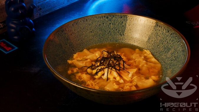 A futuristic Cyberpunk-style food photo. A close-up of a bowl of Manduguk (Korean dumpling soup).