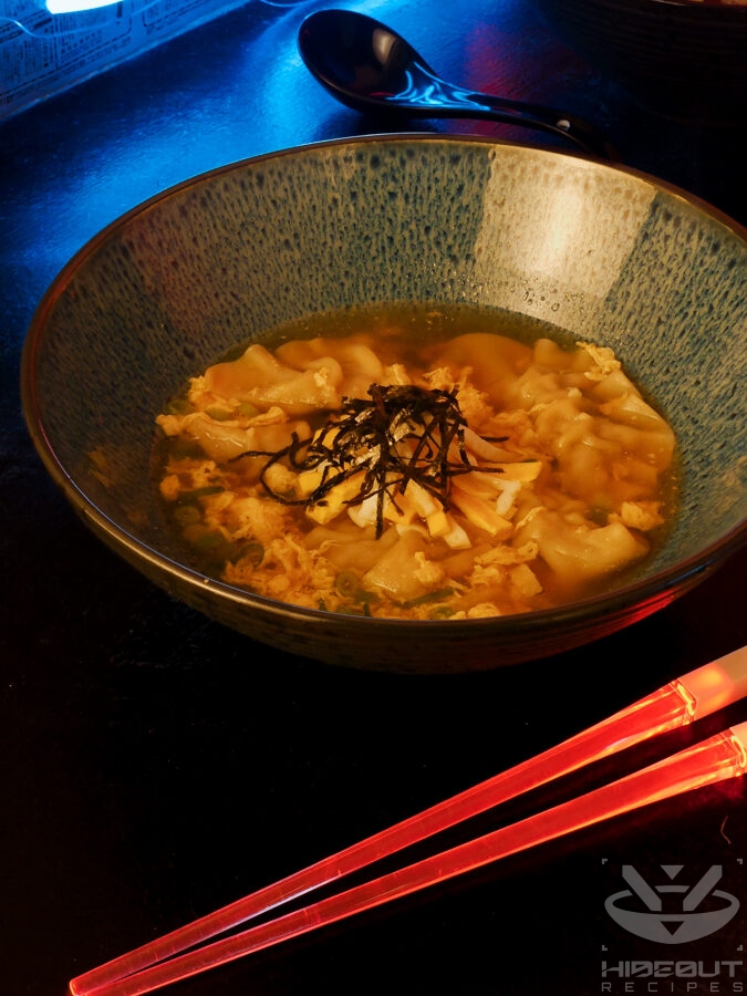A futuristic Cyberpunk-style food photo. A bowl of Manduguk (Korean dumpling soup) can be seen next to a pair of glowing chopsticks.