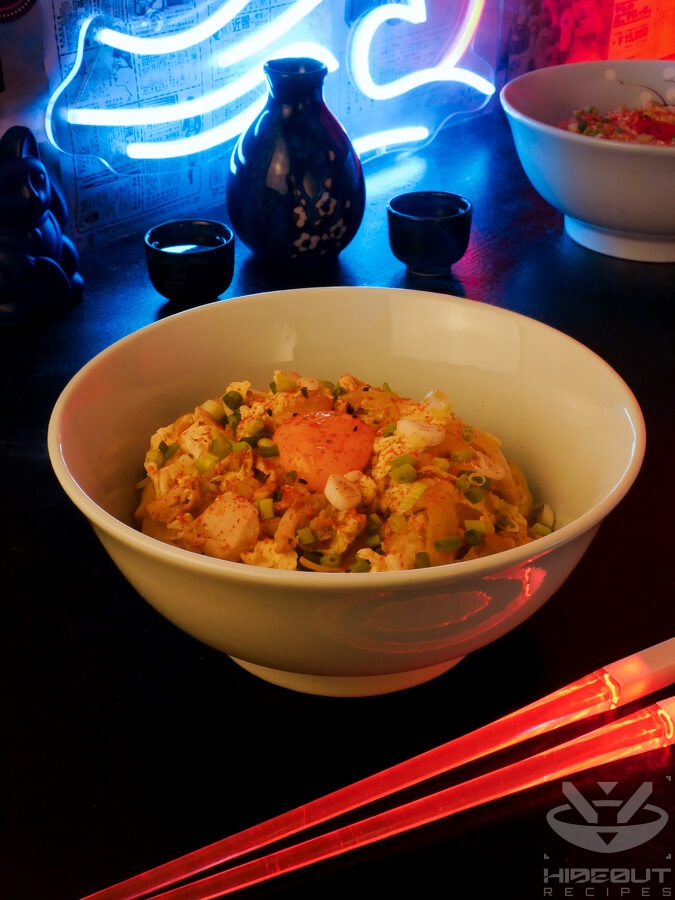A futuristic Cyberpunk-style food photo showing a close-up of a bowl of Japanese Oyakodon. A bottle of Sake and two small cups are in the background.