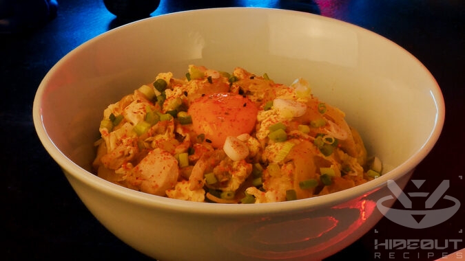 A futuristic Cyberpunk-style food photo showing a close-up of a bowl of Japanese Oyakodon.