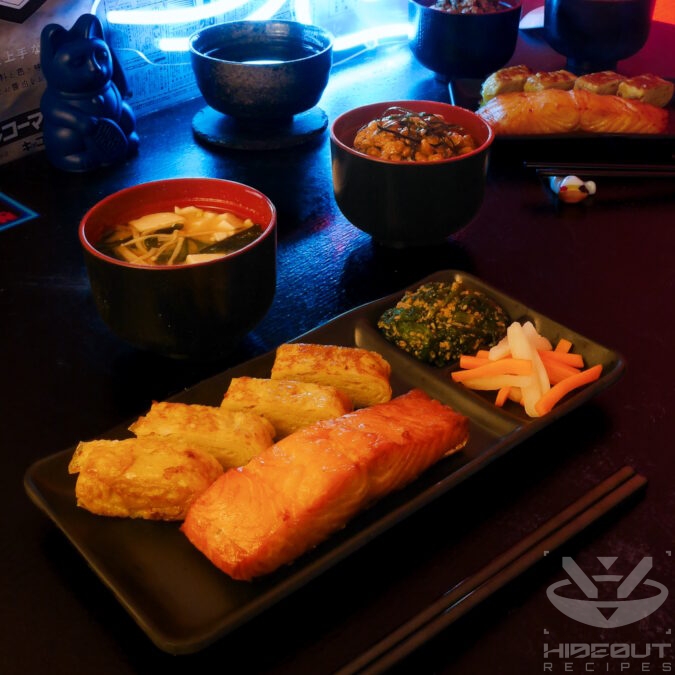 A futuristic Cyberpunk-style food photo showing two servings of traditional Japanese breakfast distributed to plates and bowls, with cups of tea in the back.
