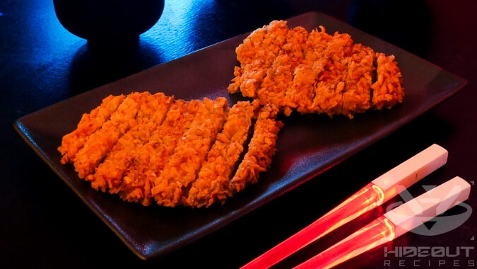 A futuristic Cyberpunk-style food photo showing a close-up of two crispy Japanese Tonkatsu pork cutlets on a plate, drizzled with Tonkatsu sauce. Glowing chopsticks lie next to the plate.
