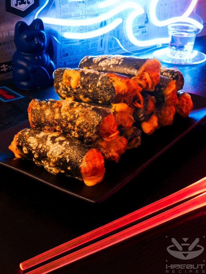 A futuristic Cyberpunk-style food photo. Spring rolls containing noodles in a spicy sauce, nori, and cheese are stacked up on a plate.