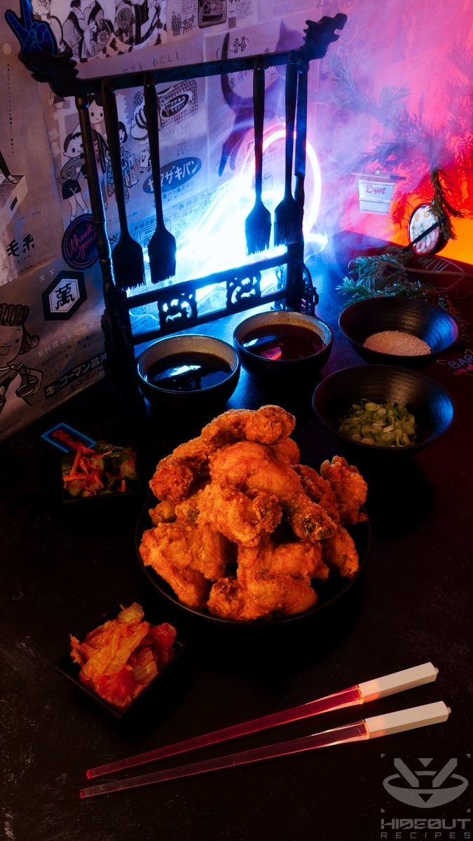 A futuristic Cyberpunk-style food photo. A pile of deep-fried Korean Fried Chicken is surrounded by Banchan and toppings. A rack holding silicone brushes with different sauces underneath can be seen in the background.