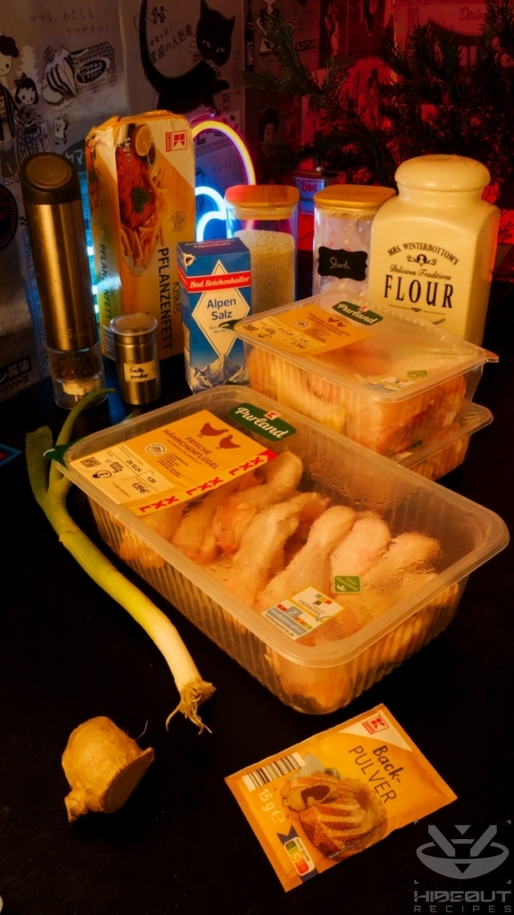 Ingredients for Korean Fried Chicken are gathered on a table in their packaging.