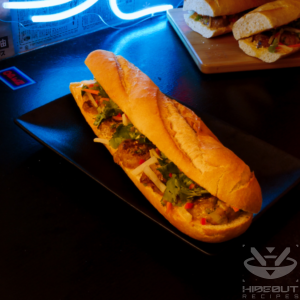 A Cyberpunk-style food photo showing a Vietnamese sandwich (bánh mì) in the foreground with three more stacked up in the background.