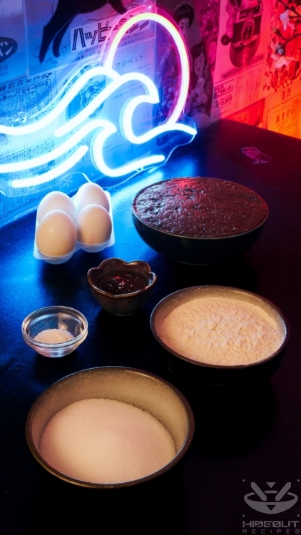 All pre-measured ingredients for Dorayaki, including prepared sweet red bean paste.