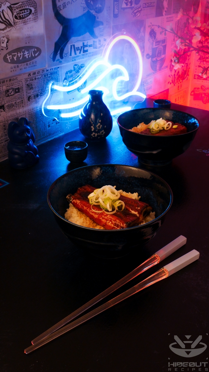 A futuristic Cyberpunk-style food photo showing a bowl of Unadon in front with glowing chopsticks beside it, and another bowl in the back.