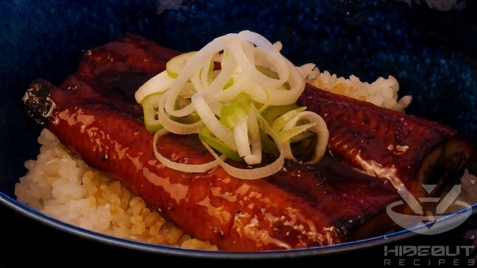 A futuristic Cyberpunk-style food photo showing a close-up of a bowl of Unadon (Japanese eel rice bowl).