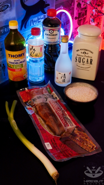 Ingredients for Japanese Unadon (unagi donburi) are laid out on a table in their packaging.